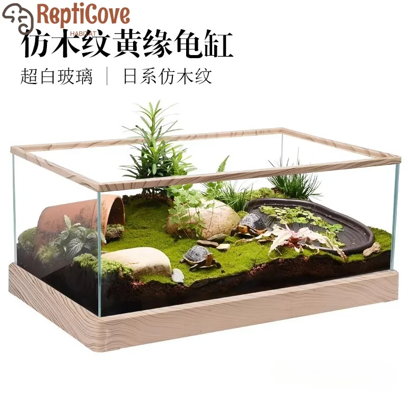 

Стеклянный резервуар для черепахи с желтой бортовой коробкой, полуакваритное экологическое обитания для безопасного поднятия черепахи, ящик для разведения воды и сухого ландшафта с