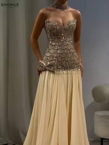 SWEMILE Luxury Diamond Evening Dresses Shiny Crystals Beaded Strapless Sleeveless Bow Prom Dress Saudi Customized فساتين سهرة