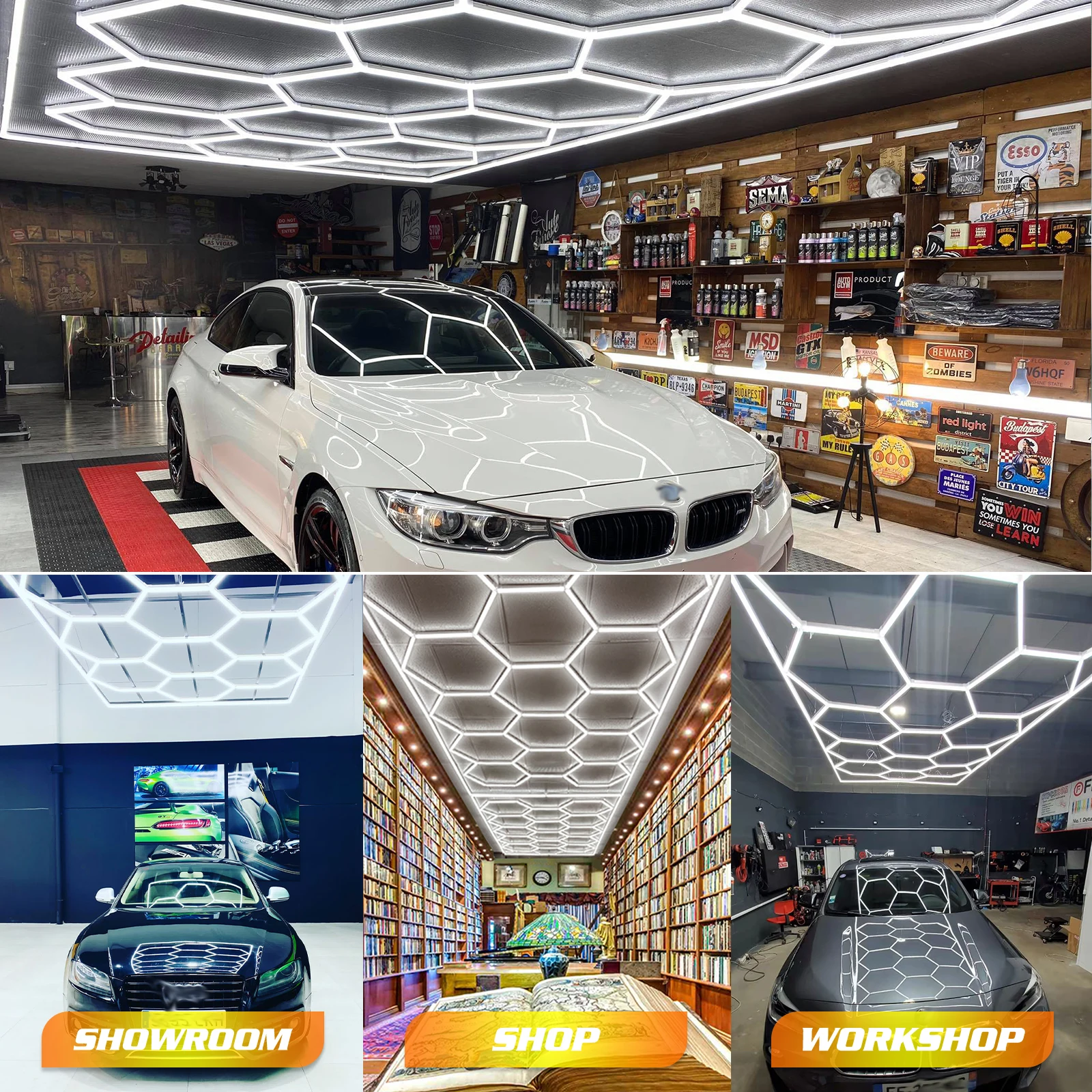 Cutomized Honeycomb LED Car Detailing Ceiling Light Hexagon Garage Light for Showroom 4S Workshop Barber DIY Fun Dropshipping