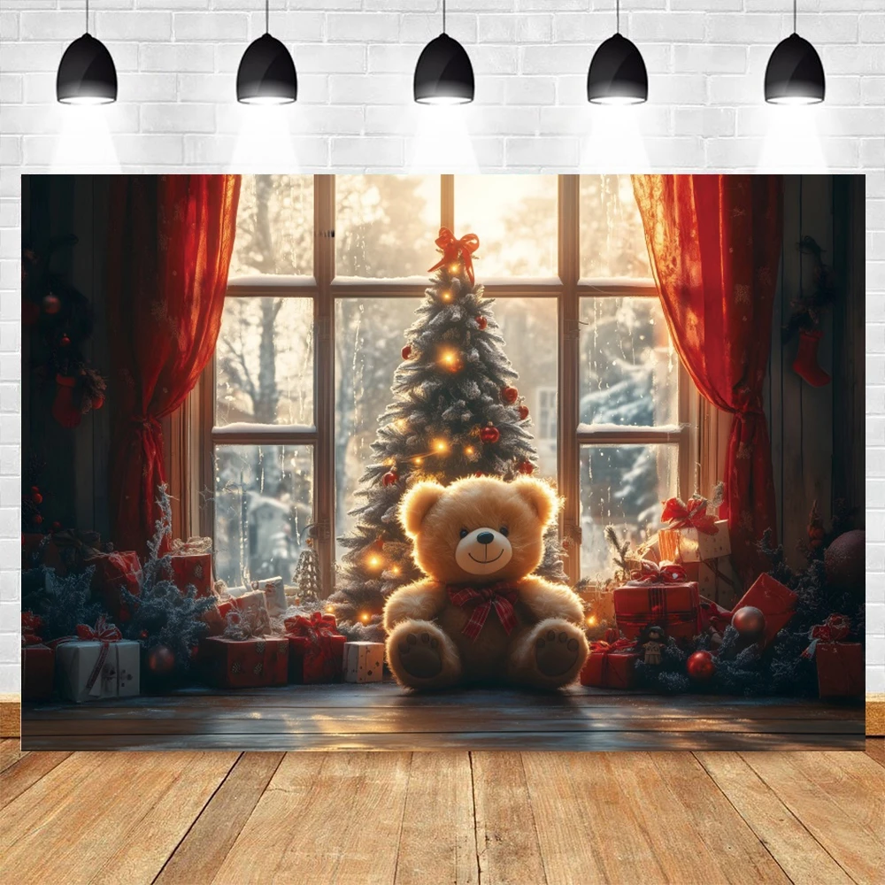 Фон для фотосъемки с Рождеством в стиле ретро, дворец, деревянная полка, плюшевый мишка, подарки, фон для рождественской елки, детский семейный портрет, проповеди