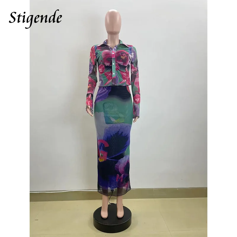 Stigende Floral Print Two Piece Skirt Set Women Patchwork Mesh Slim Fit Outfits Bohemian Ruched Blouse Shirts and Long Skirt