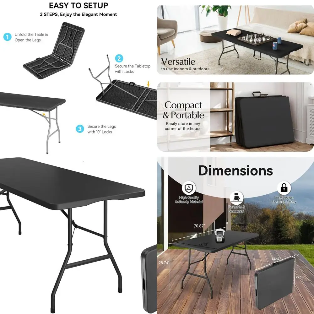 

Portable Heavy-Duty 6-Foot Folding Table with Steel Legs and Built-in Handle for Outdoors, Indoors, and Events