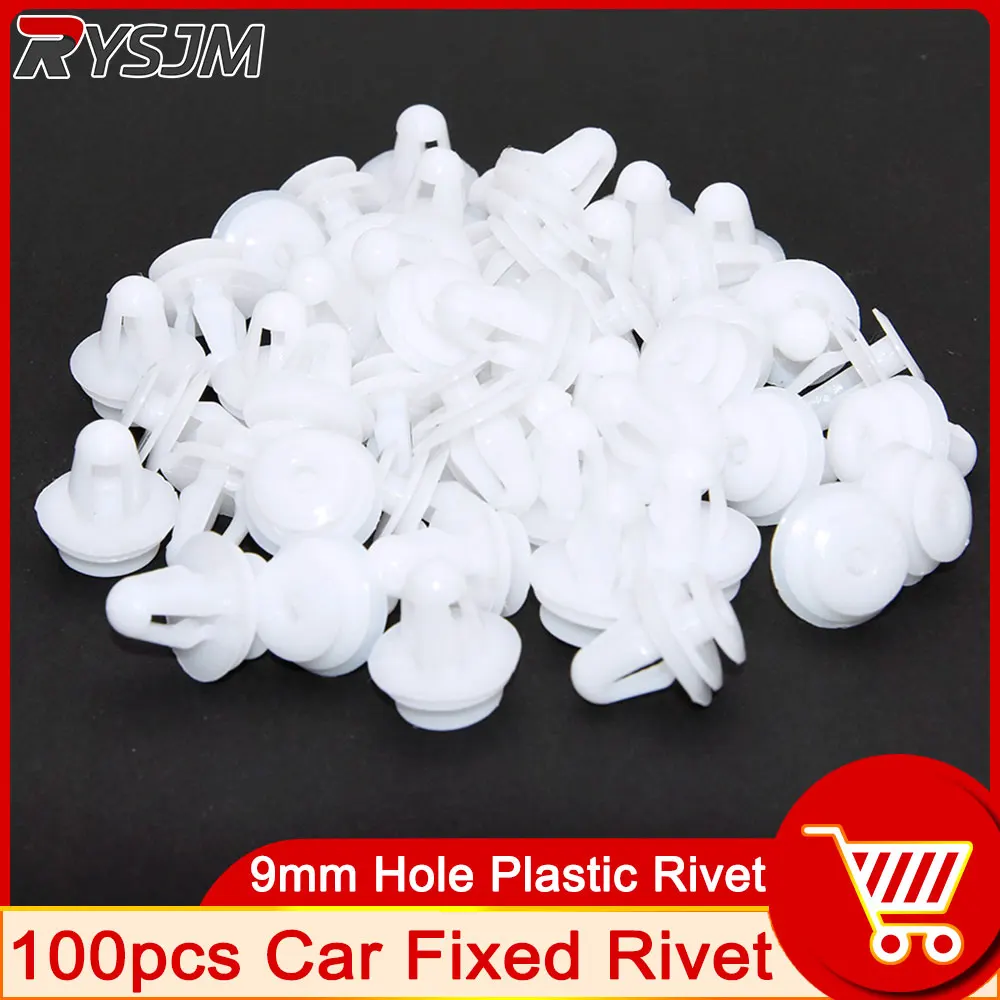 100pcs White Auto Bumper Fender Fastener Retainer Clips 9mm Hole Car Fixed Rivet Retainer Plastic Rivets Fastener Push Clips