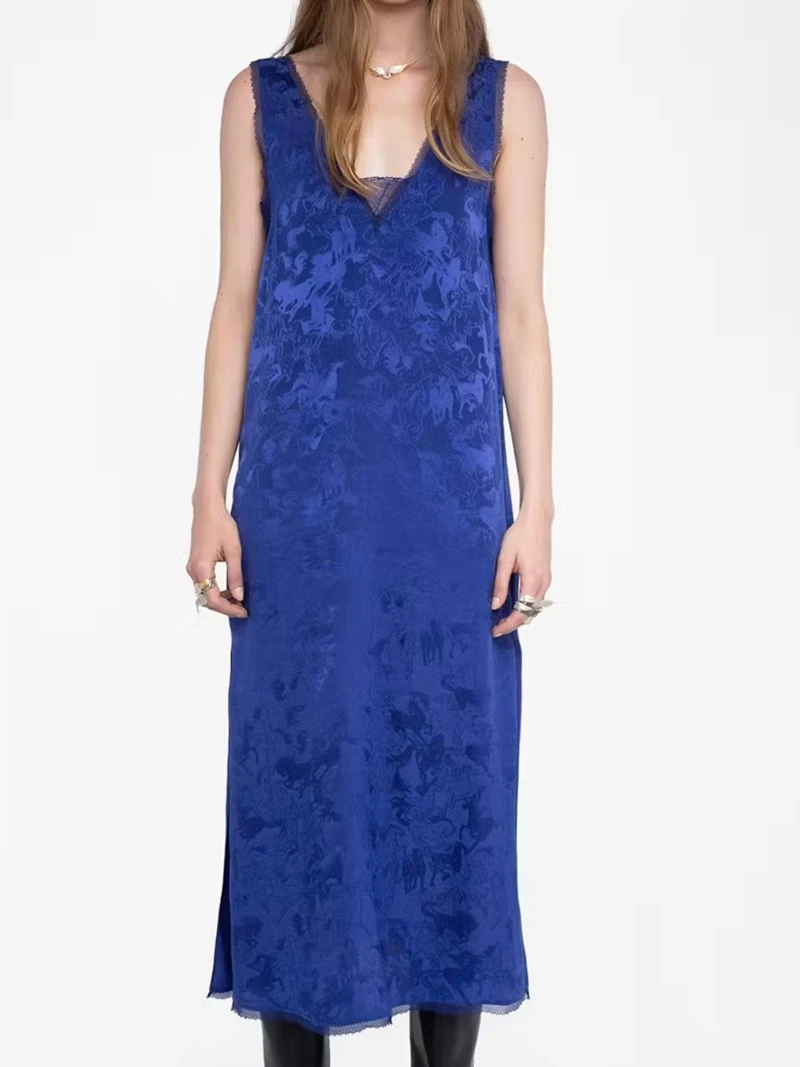 Blue silk dress women's high-end comfortable lace V-neck leak back vest skirt elegant women's skirt