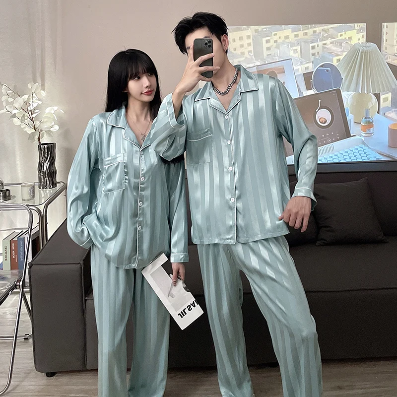 

Spring and Autumn Silk Couple Pajamas Women's Double Long Cardigan Small Lapel Thin Ice Silk Men's Pajamas Homewear 2 Piece Set