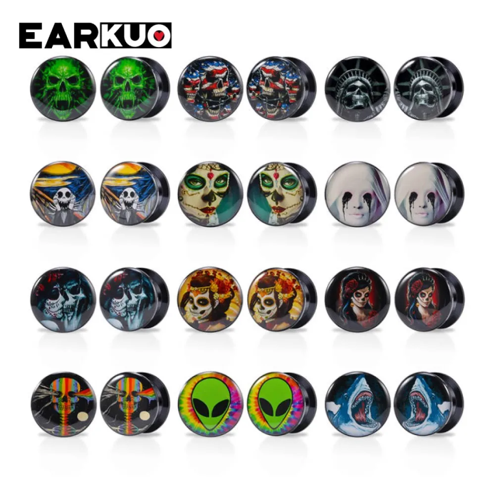 EARKUO Fashion Acrylic Skull Girl Ghost Whale Ear Plugs Body Piercing Jewelry Tunnels Earring Gauges Expanders Stretchers 2PCS