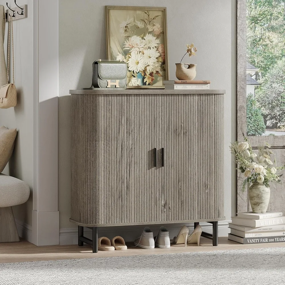 

Shoe Storage Cabinet with Smooth Fluted Sliding Doors, 5-Tier Shoe Cabinet Storage for Entryway, Narrow Hidden Shoe Rack