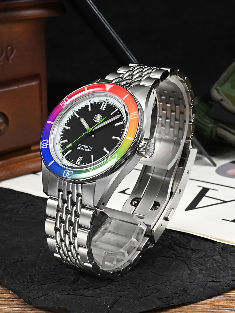 San Martin Original Design 39.5mm Fashion Men Diving Watch Sapphire Rainbow Bezel Mechanical Watches Luminous Date 200m SN0116