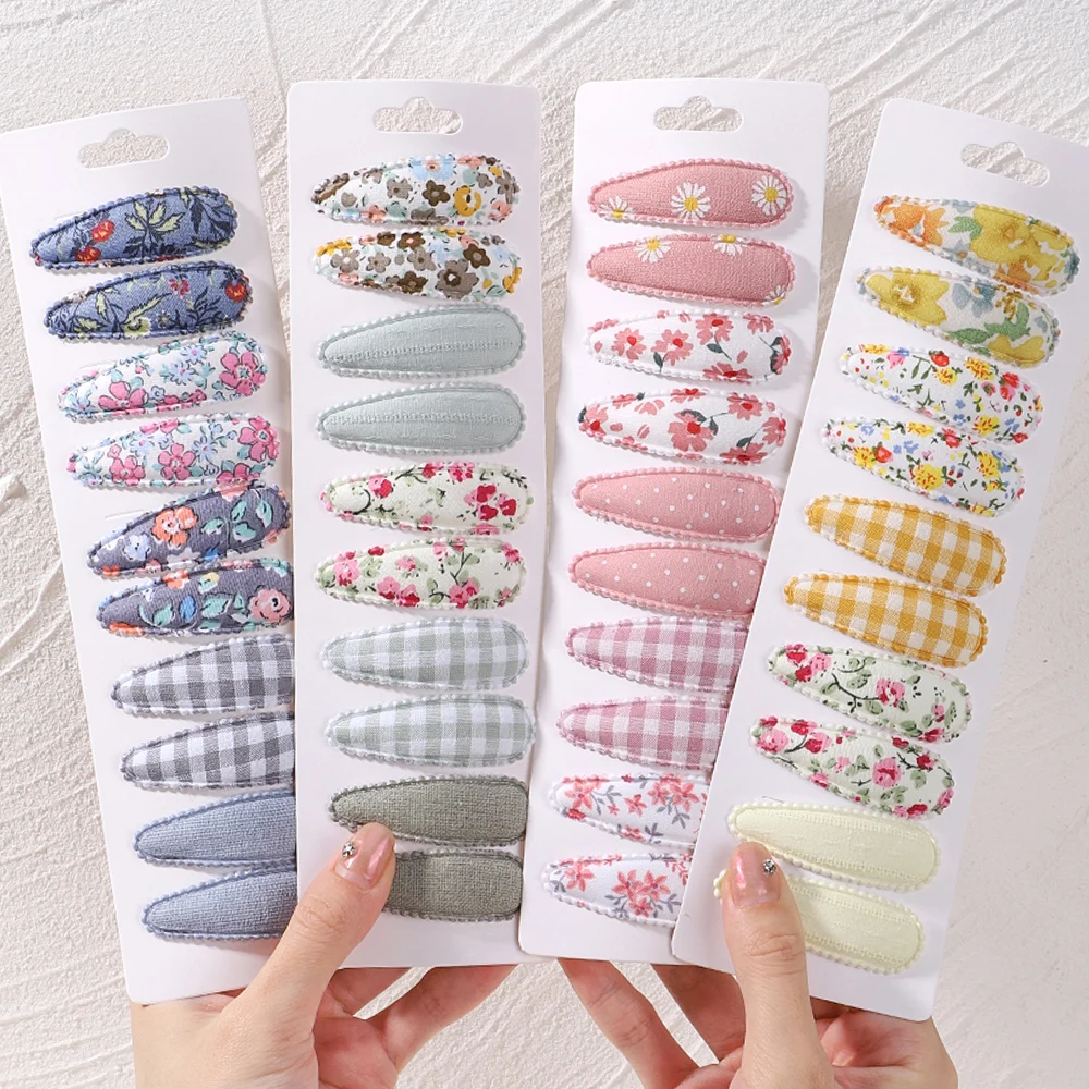 10Pcs/Lot Fresh Print Cotton Alloy Hair Clips for Kids Fabric Plaid BB Hairpins Girl Hairgripe Headwear Baby Hair Accessories