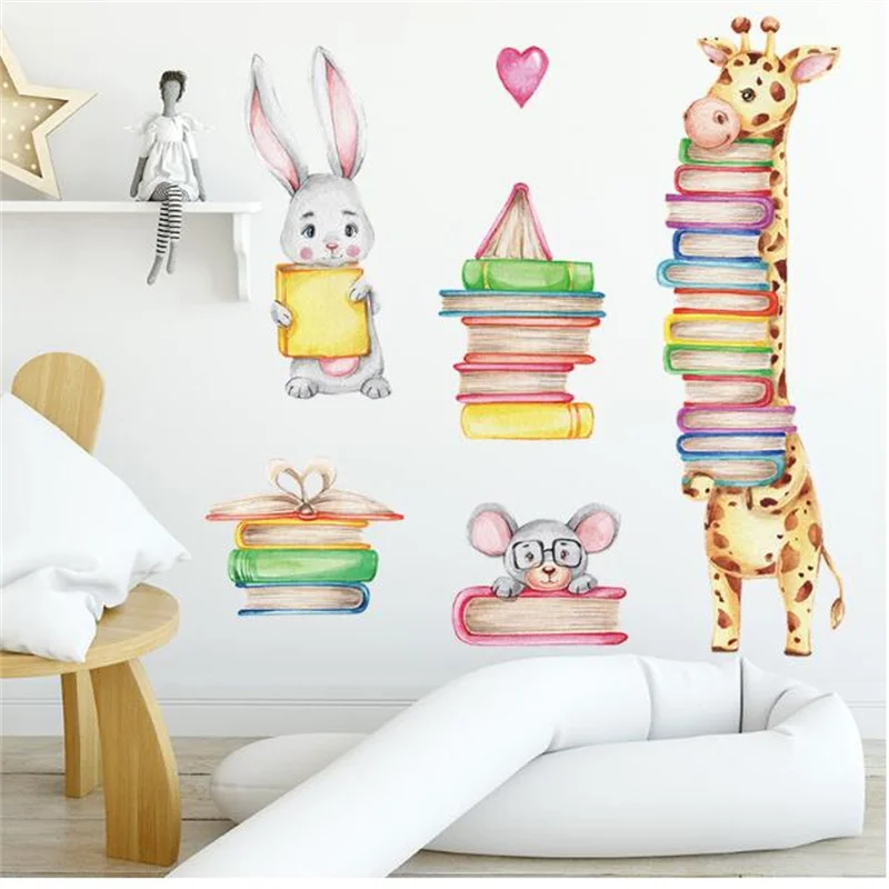 Giraffe Kaninchen mit Buch Wandaufkleber Kinderzimmer Dekor Kinder Lesezimmer Dekoration Student Bibliothek Aufkleber Klassenzimmer Wandbild Poster – Detail 8