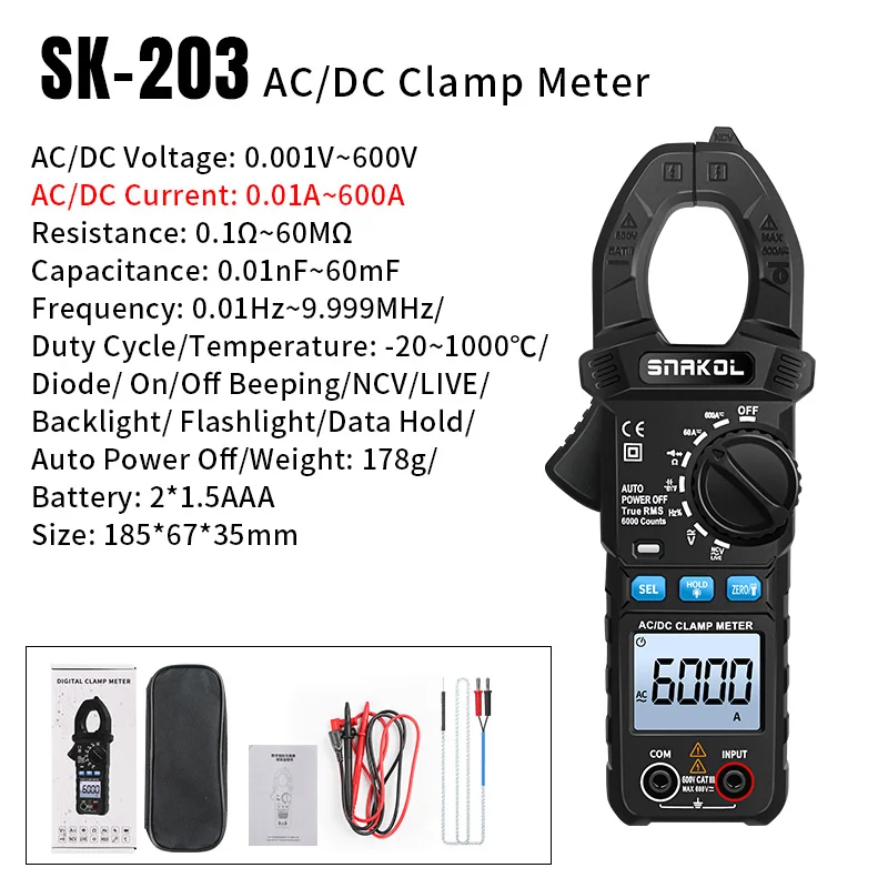 SNAKOL SK-203 Zangenmessgerät Digitaler Tester Professionelles Voltmeter Zangenamperemeter Elektrischer Multitester 600A AC/DC True RMS 35mm Großer Klemmkopf Hintergrundbeleuchtung & Taschenlampe