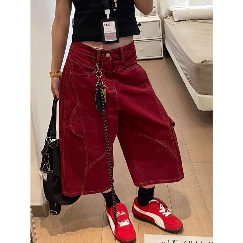 Retro Red Jeans Cropped Pants Women 2025 Eur Us R Summer Modern Neutral Deconstruction Pocket Curved Knife Workwear Shorts New