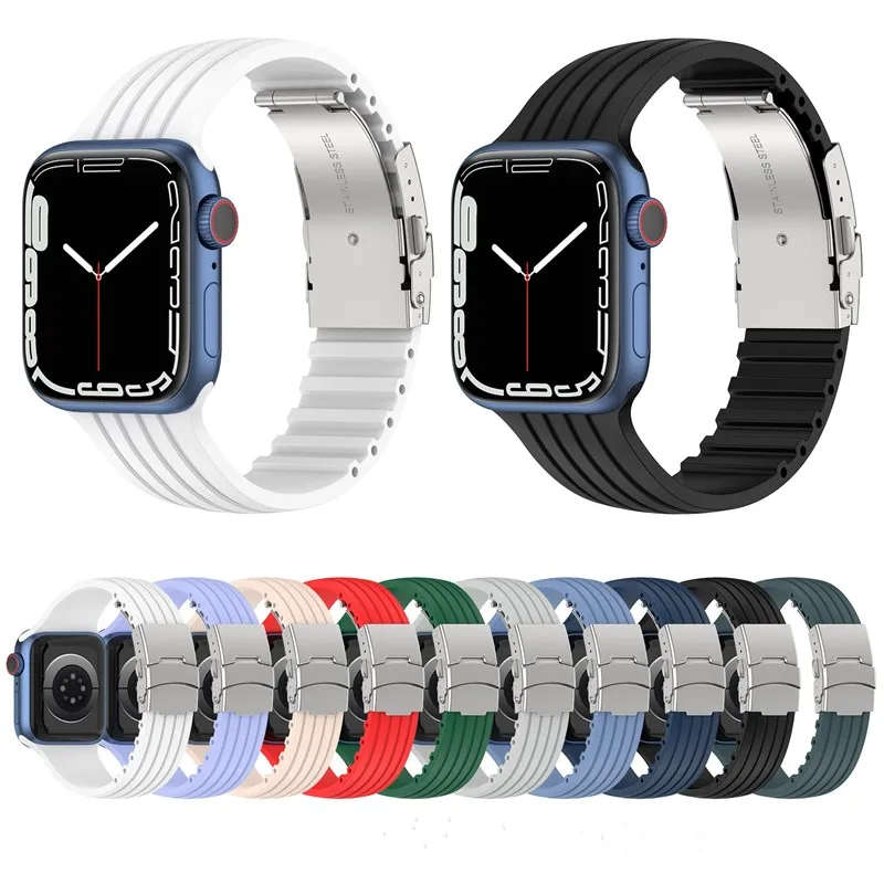 

Smartwatch Silicone Silver Metal Buckle Watch Band For Apple Watch Series 7 6 5 4 3 2 1 SE