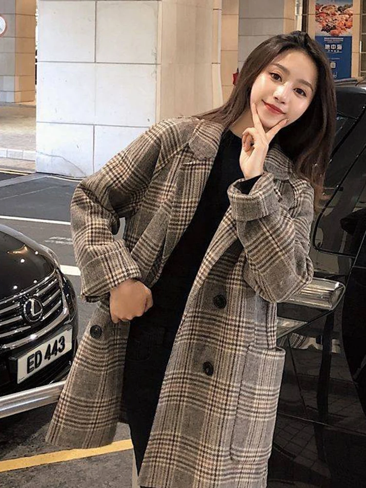 Loose Plaid Woolen Coat for Women Fashion Lapel Slim Women\'s Jackets 2020 Korean Women\'s Autumn Coat Woman clothing