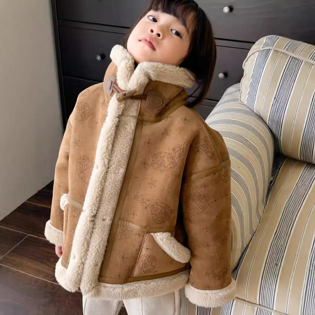 Girls Fur One Coat Autumn and Winter 2024 New Children Thick Coat Fashion Simple Casual Top Clothes Korean Simple Style Coat