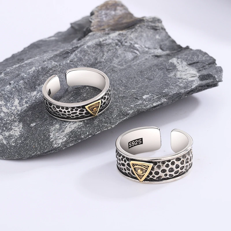 Sole Memory 925 Sterling Silver Retro Thai Silver Eye of God Male Female Resizable Opening Rings RI1118