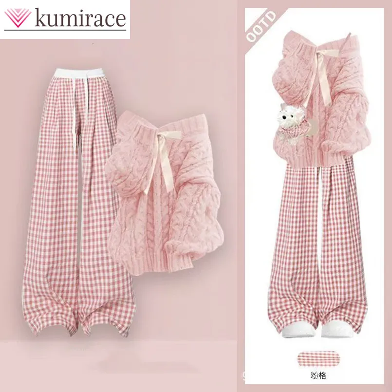 

Fashion Women's Set Spring and Autumn Relaxation Dopamine Knitted Sweater+plaid Casual Pants Two Piece Set