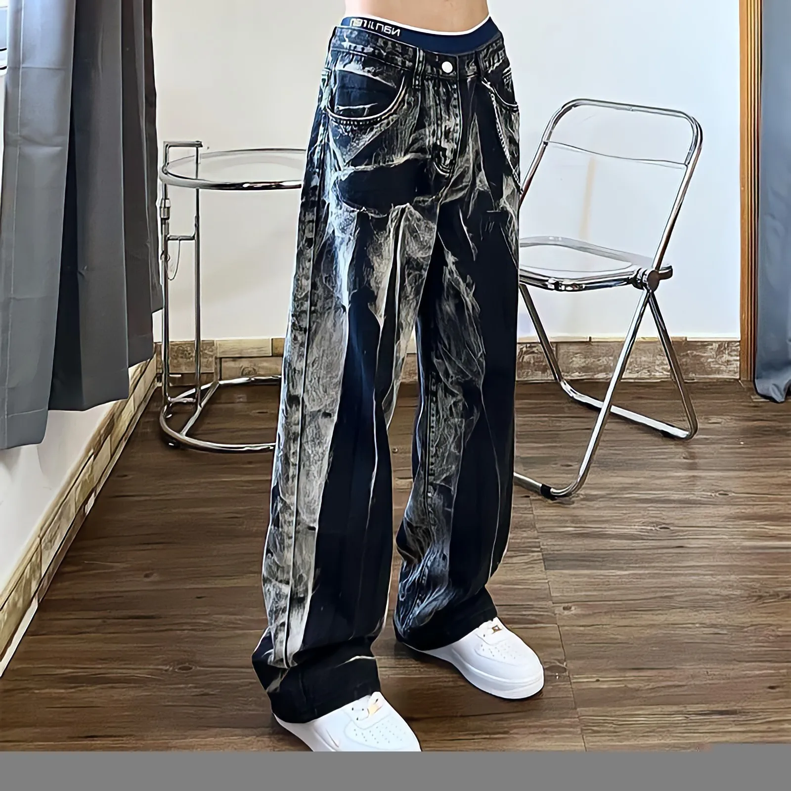 

Black Jeans Women Tie Dye Washed Straight Wide Leg Pants High Waist Goth Vintage Streetwear Denim Casual Hippie Trousers