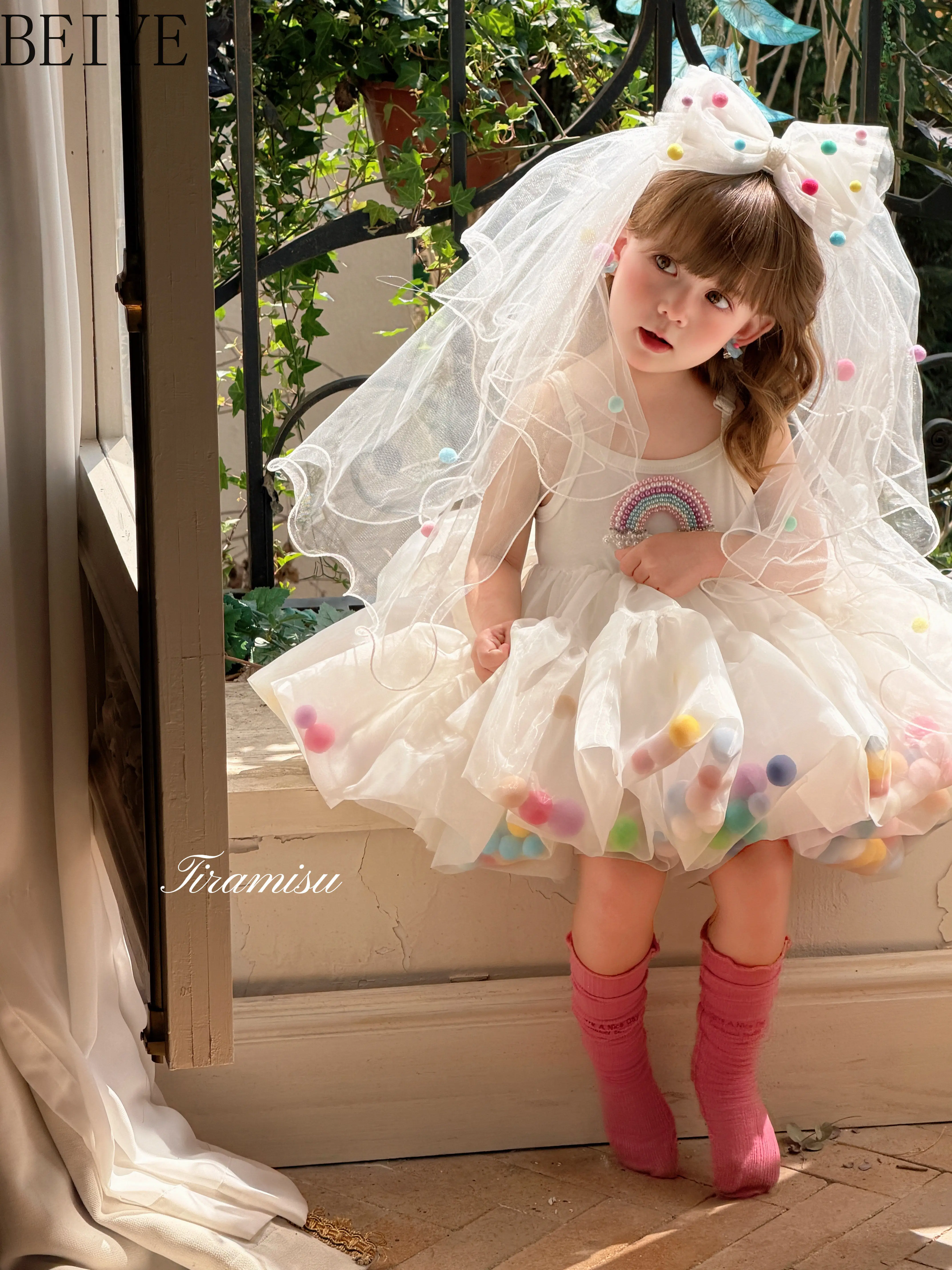 

Summer Girls' Rainbow Sweet Suspender Dress Tutu Birthday Party Kids' Dresses Ball Gown Mesh Kawaii Children's Princess Dress