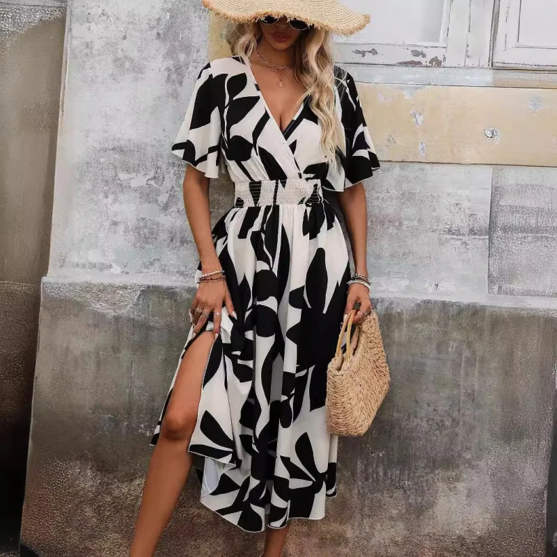 

2025Summer Elegant Women's Cross Neck Belt Floral Print Slit Dress Short Sleeve