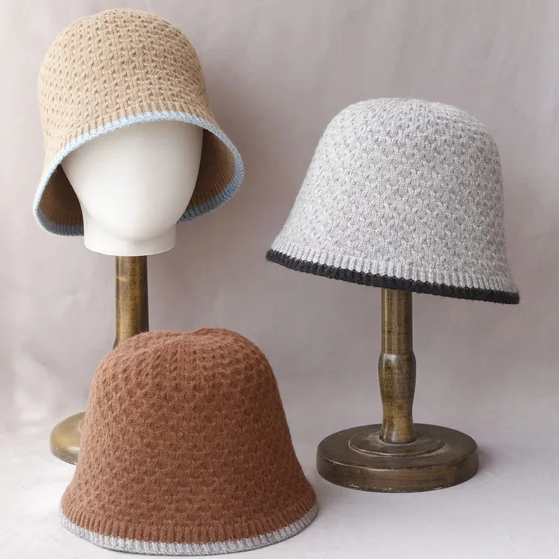 

Stripe Knitted Fisherman Hats For Women solid color Winter Bucket Hat Winter Warmth Versatile Woolen Basin Hats