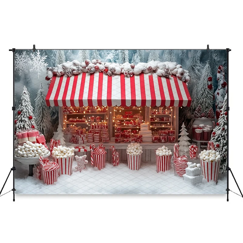

Mocsicka Christmas Background Photography Winter Snow Tree Candy Store Decoration New Year Party Photo Backdrop Studio Wallpaper