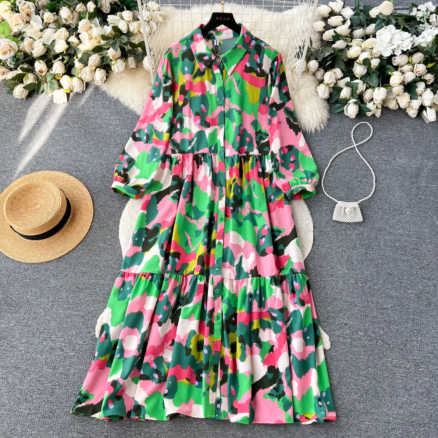 

Fragment Flower Dress Women's French Lazy Style Relaxed Long Sleeve Lapel Single Breasted Dresses Girl's Holiday Shop Long Dress