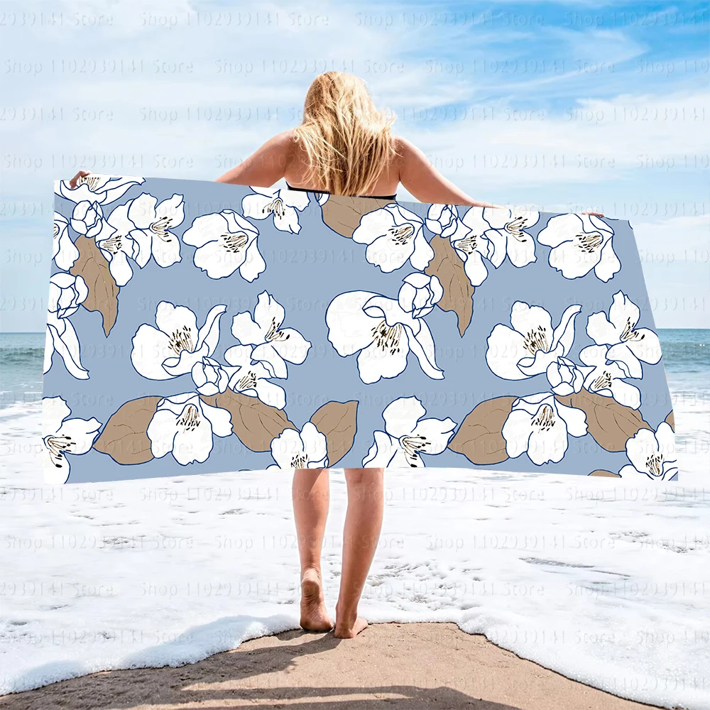 Absorbent and Quick-drying Beach Towel Microfiber Yoga Swimming Beach Towel Printed Seaside Bath Towel Blue gray jasmine pattern