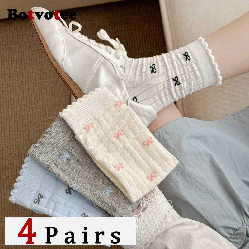 

Botvotee 4 Pairs Women Bow Mesh Mid Tube Socks Summer Lightweight Breathable Fashionable Wavy Edge Ballet Style Casual Socks