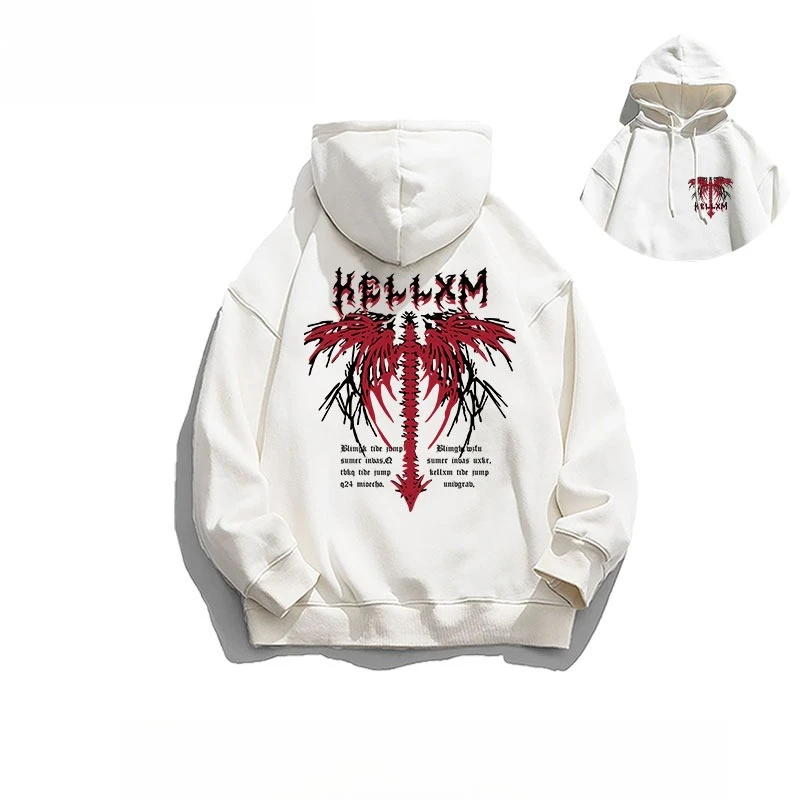 

New High-quality American Hip-hop Wing Print Warm Windproof Hooded Sweater Men's and Women's Autumn and Winter Tops