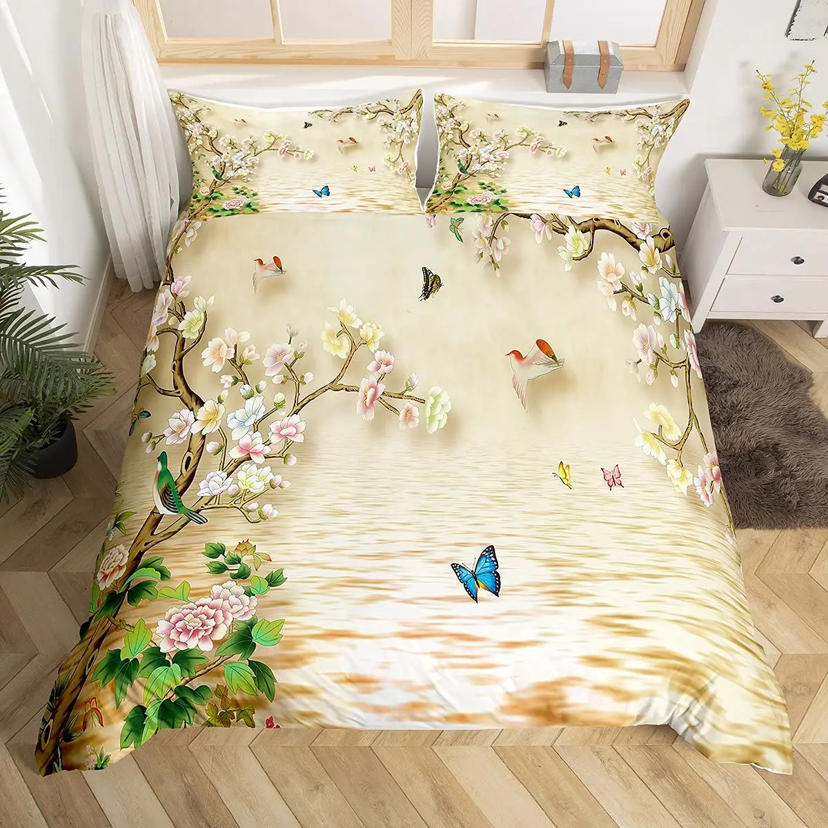 Butterfly and Flower Duvet Cover Girls Dream Animals Floral Comforter Cover Microfiber Romantic Theme Garden Flowers Bedding Set