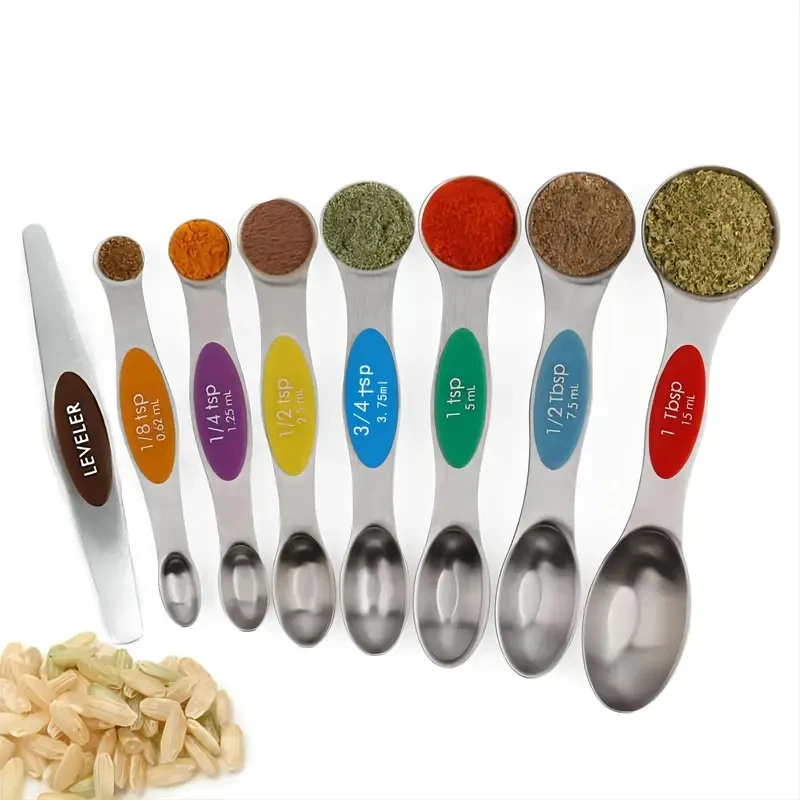 8pcs Magnetic Measuring Spoons Set, Stainless Steel, Dual Sided For Liquid And Dry Food