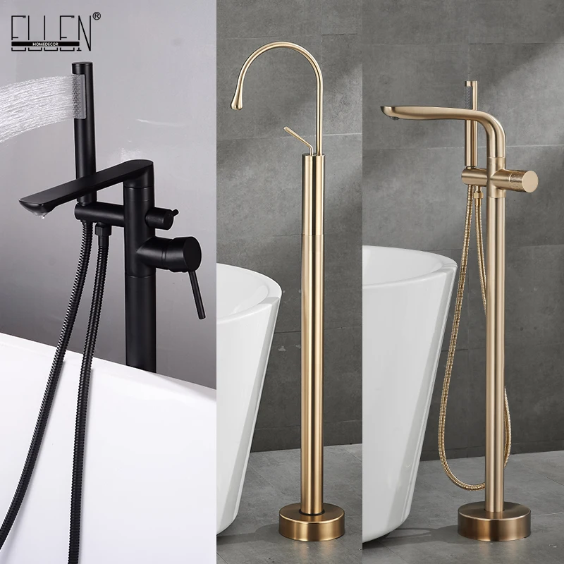 ELLEN Floor Standing Bathtub Faucets with Hand Shower Hot Cold Bath Tub Black Bath Faucet Water Mixer Tap Crane ELS2010