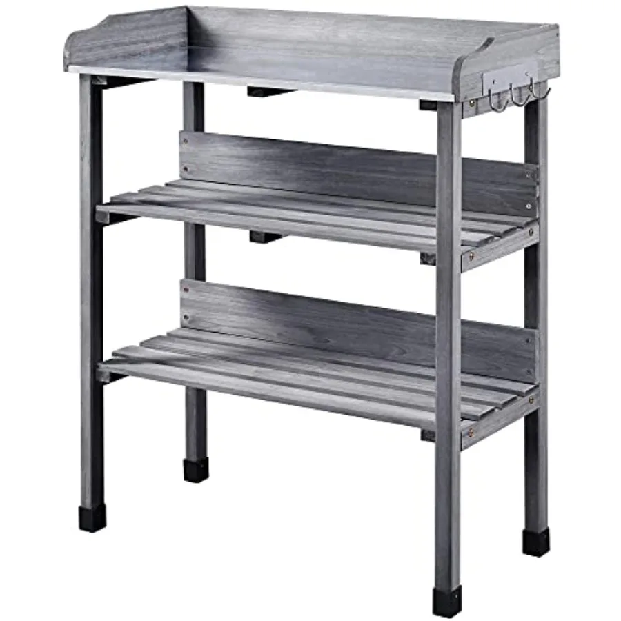 

Outdoor garden potting bench with fir wood frame gray metal tabletop storage shelf hook and 3-tier shelving for efficient garde