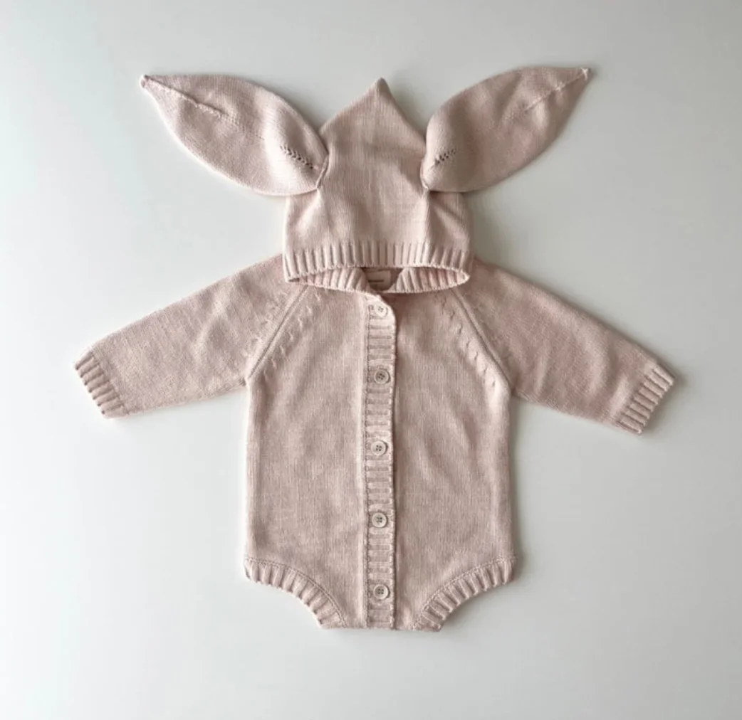 Knitted Baby Clothes Newborn Bunny Ear Hooded Baby Girl Boy Romper Clothes Cotton Toddler Sweater Romper Boy Jumpsuit Playsuit