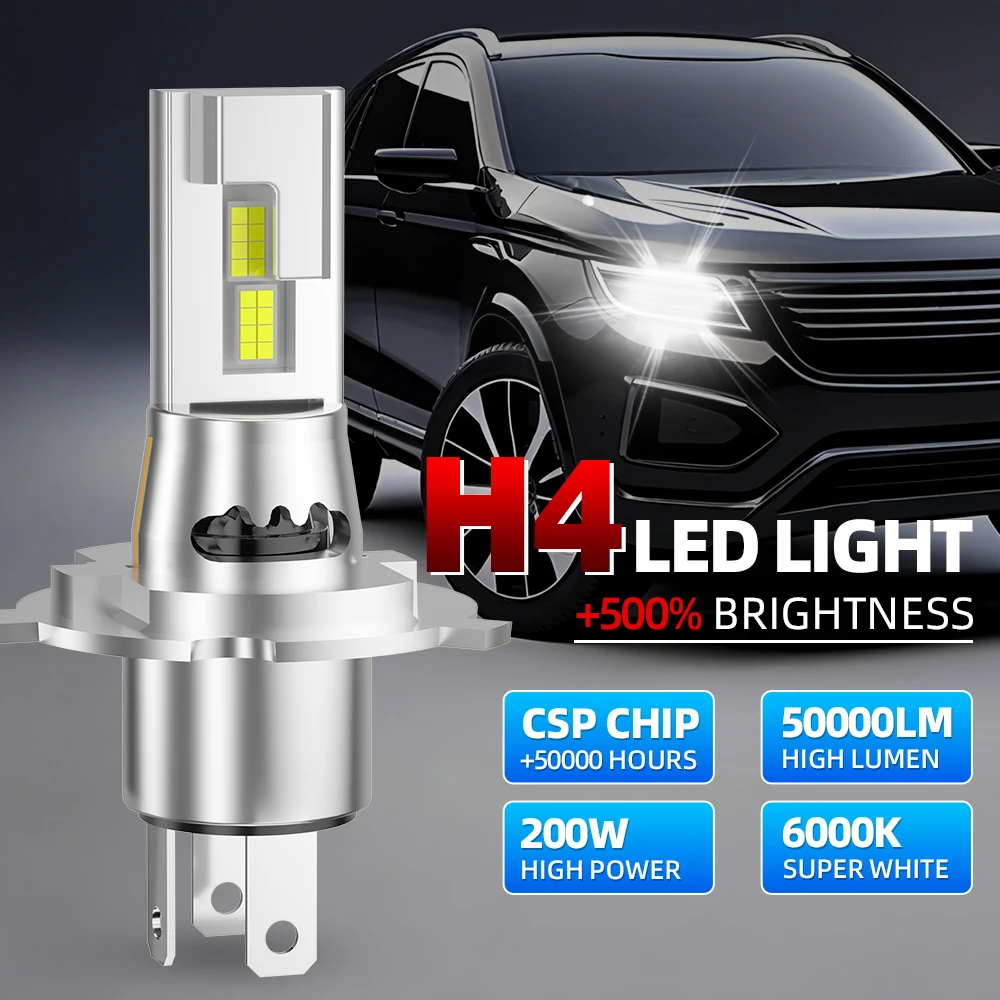 2 pçs faróis led h4/9003/hb2 hi/lo lâmpadas automotivas 6000k turbo luzes 12v/24v 50000lm plug & play farol de alta qualidade