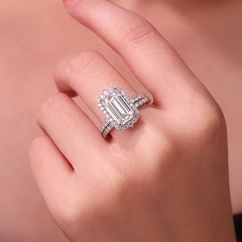 FCGJHW Certified Rectangle Moissanite Bridal Rings Sets for Women 2pcs Wedding Promise Stackable Band S925 Sterling Silver 2026