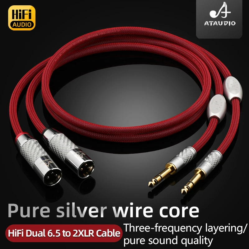 كابل صوت ATAUDIO HiFi 6.5 إلى XLR فضي نقي عالي الجودة مزدوج 6.5 مم TRS إلى 2XLR 3Pin قابس متوازن لميكروفون مكبر للصوت