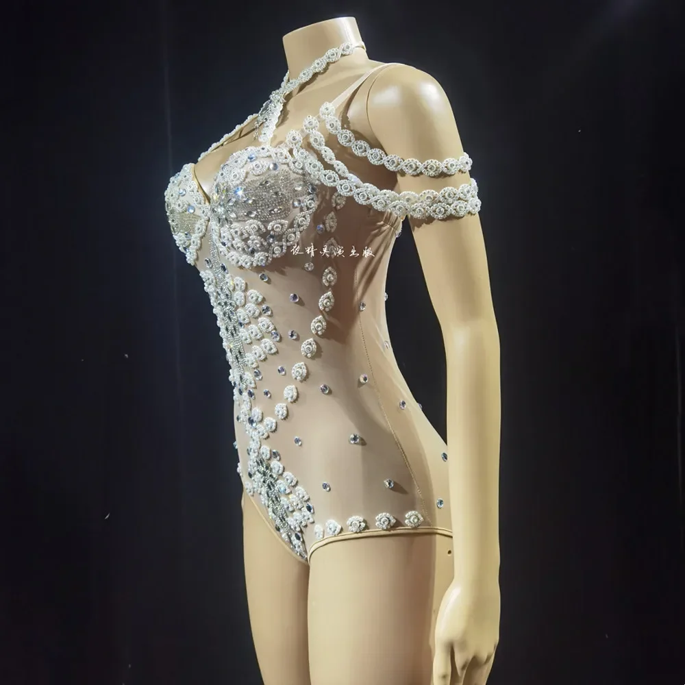 Sexy trasparente strass di cristallo tuta discoteca bar scintillante abbigliamento da palcoscenico cantante ballerino spettacolo teatrale costume da ballo