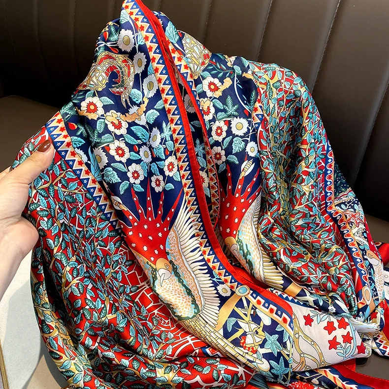 Grand Foulard en Satin pour Femme, Hijab Imprimé, Châle Rond, Pashmina de Voyage, 180x90cm, Nouvelle Collection Printemps 2022