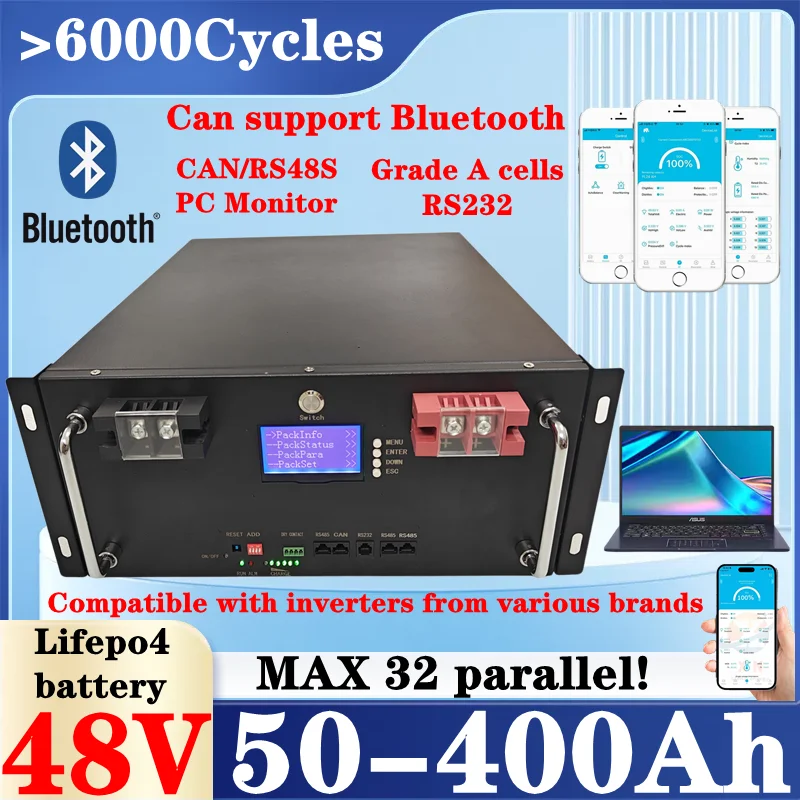 

51.2V 10KWh Solar Battery 48v 200AH LiFePO4 50AH 100AH 150AH 300Ah 400Ah RS485/RS232/CAN Max 32 Parallel for Off Grid PV