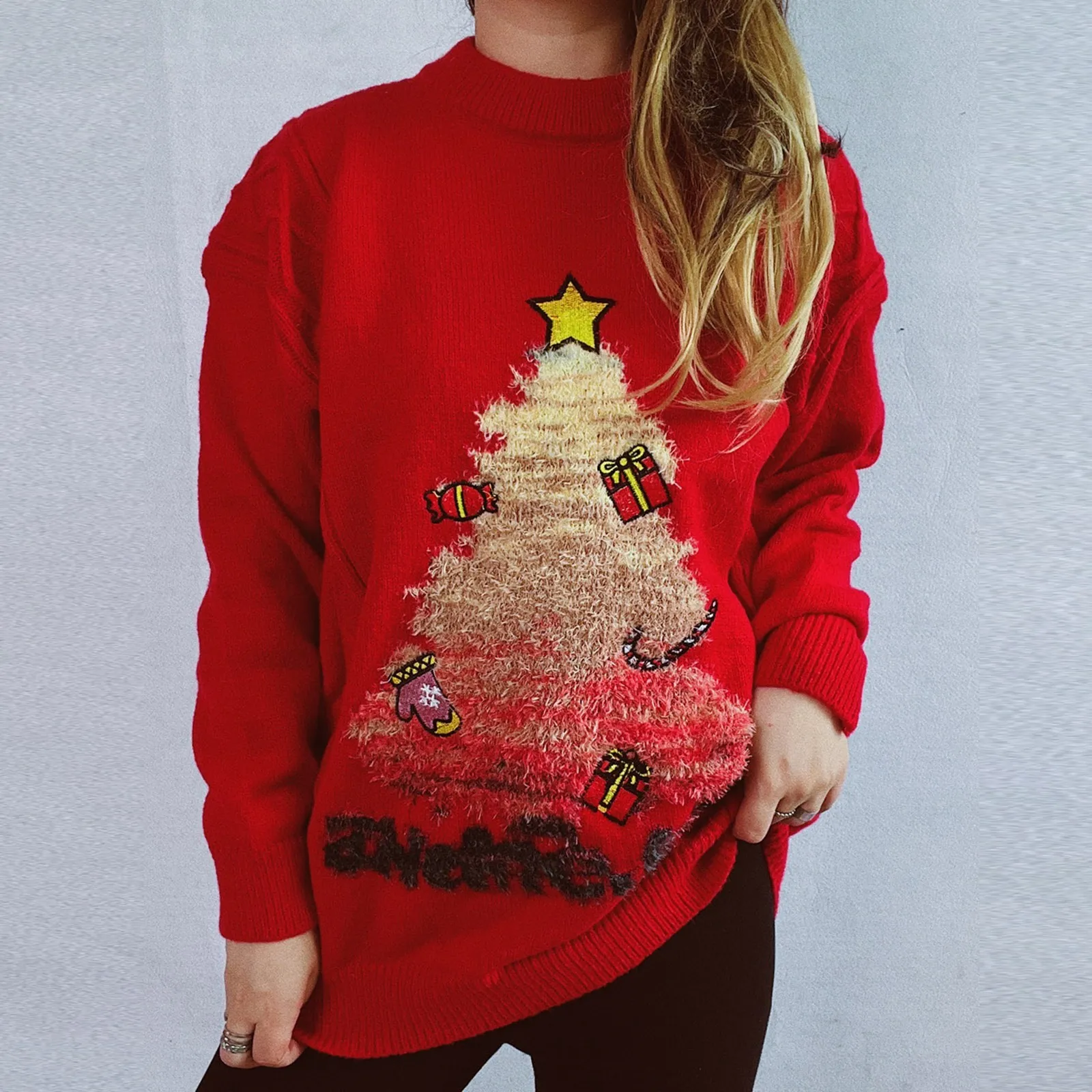 Pullover Femme 2024 Holiday Sweater Handmade Sequins Christmas Tree Little Deer Embroidery Sweater Thick Warm Oversized Pullover