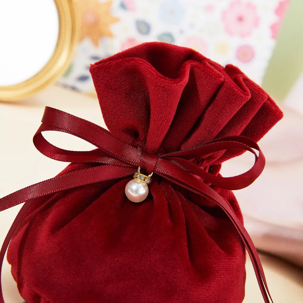 10 Pcs Dark Red Round Bottom Drawstring Velvet Cloth Gift Jewelry Candy Gift Bags with Faux Pearl Charm for Christmas Party