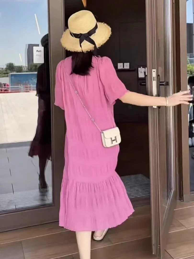 

Summer Ele Pleated Maxi Dr Women's plus Size Conceal Meat A-Line Belly Covering Age-Defng Long Dr French Sle