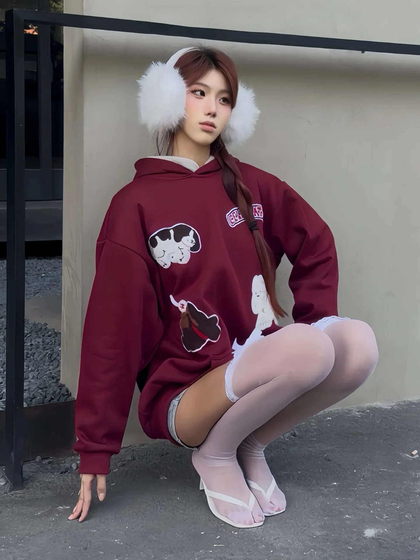 

Красная толстовка с вышивкой и флисовой подкладкой, утепленная зимняя толстовка с милым дизайном в виде собаки, теплая повседневная уличная одежда