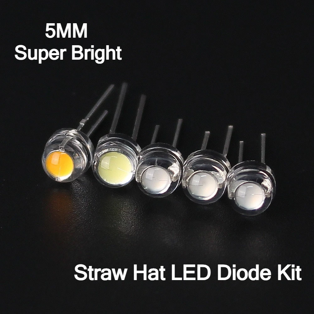 50/100PCS 5mm LED Straw Hat Super Bright LED Diode F5 Light Emitting Diode Green Red Yellow White Blue for DIY Electronic Kit