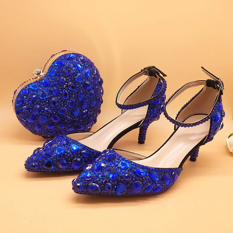 Royal Blue Rhinestone Wedding shoes and heart bags set woman shoes crystal Party dress shoes Bride Ankle strap women shoes