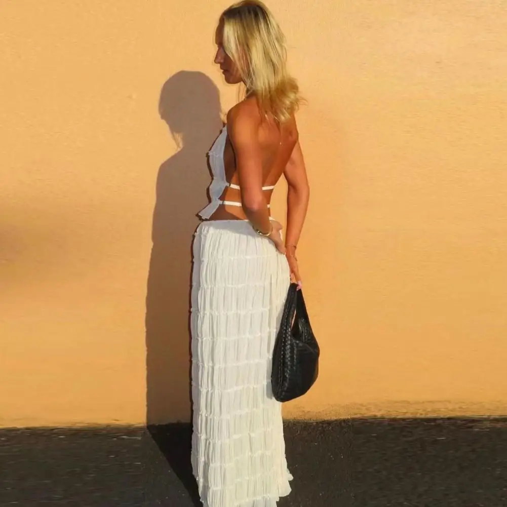 Elegant Halter Pleated Suit Women Lace Up Backless Short Solid Fold Top Sets 2024 Fashion Female Loose Long Skirts 2 Piece Set