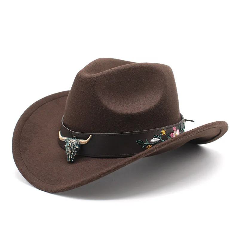 

Cross Border Western Cowboy Hat Tibetan Ethnic Style Top Hat Cow Flower Belt Fur Felt Hat Men And Women Roll Brim Hat