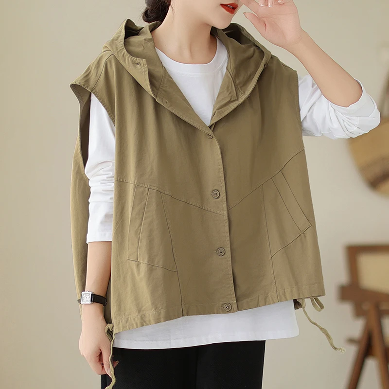 

plus Size Women's Loose Fit Cotton Vest Autumn Casual Sle Svel Hoodie Outerwear Slimming Effect Korean Version
